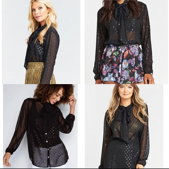 Show Me Your MuMu Tops - Show Me Your Mumu Blain Tie Neck Long Sleeve Button Down Swiss Dot Sheer Blouse